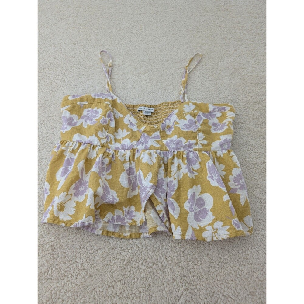 American Eagle Medium Halter Top Linen Blend Smocked Back Adj. Festival Sexy